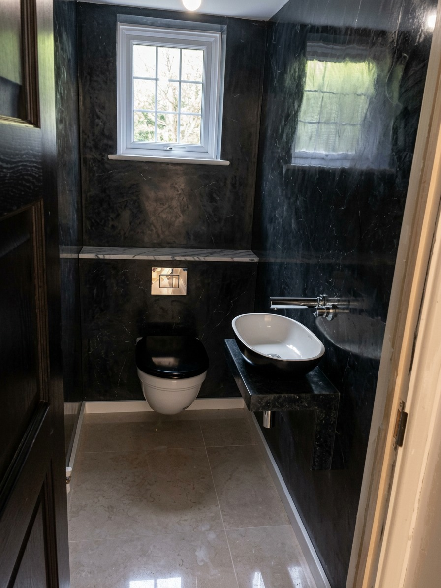 Hand-applied Venetian plaster cloakroom by Aaron Neill — polished walls with stone shelf